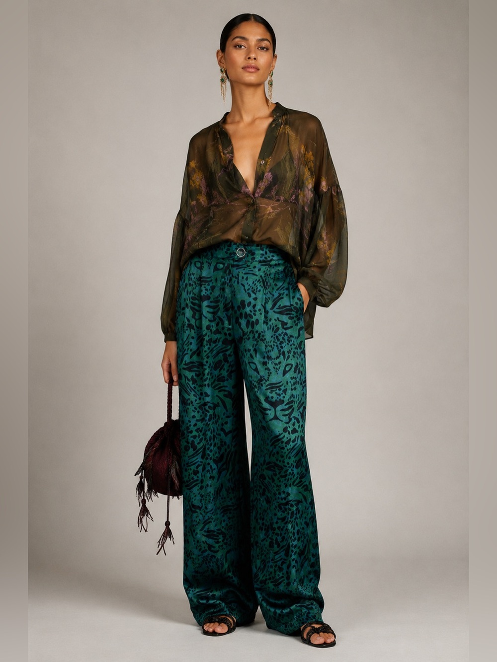 Anthropologie Corey Lynn Calter Teal Satin Jungle Print Wide Leg Pants. Small - Picture 3 of 9